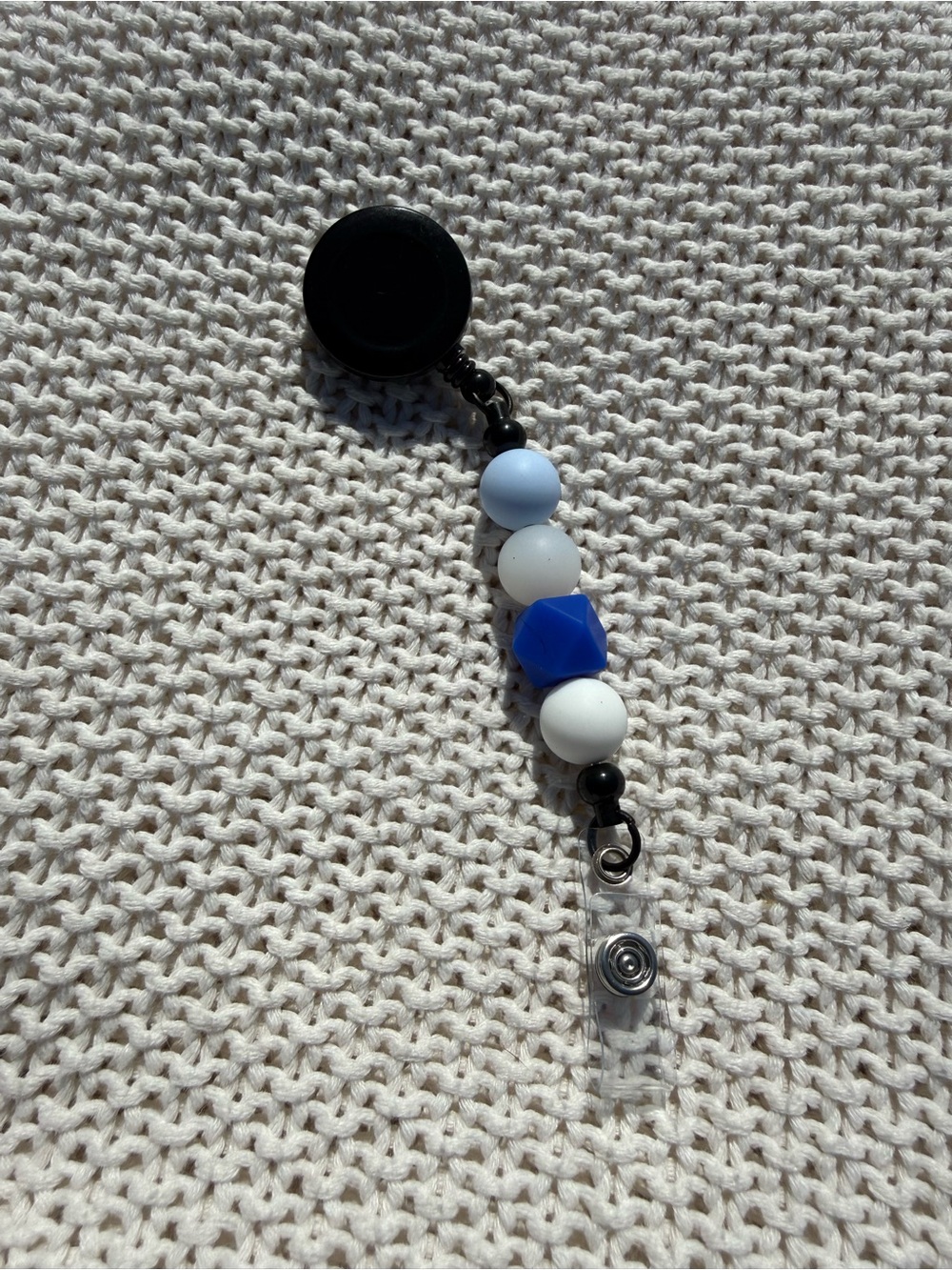 Blue and White Beaded Badge Reel with Clip